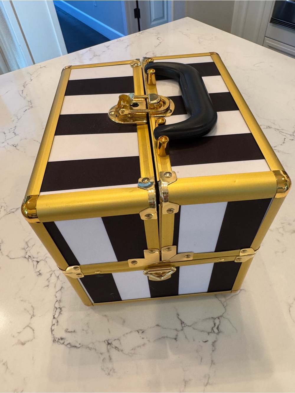 Pottery Barn Teen Black and White Striped Makeup Train Case with Gold Trim